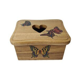 Vintage Handcarved Wood Cutout Heart Butterfly Print Jewelry Trinket Box